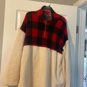 Fuzzy 3/4 zip with Buffalo plaid with pockets